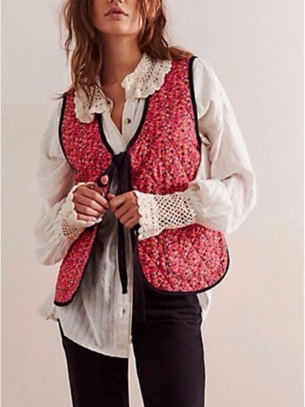 Free People Claudine Floral Quilted Tie Vest Cottagecore Boho Festival